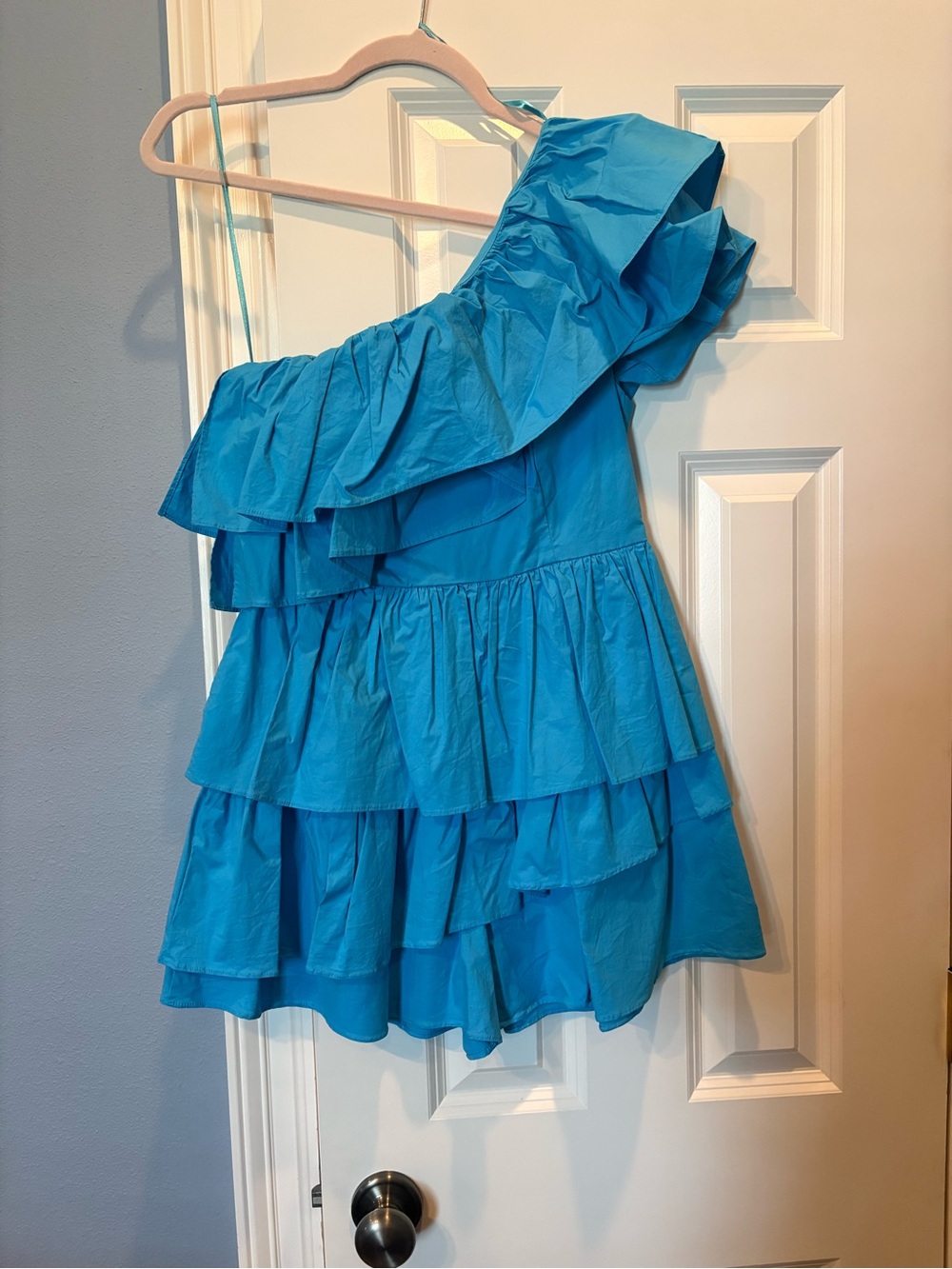 DO+BE One-Shoulder Tiered Ruffle Mini Dress in Bright Turquoise Blue
